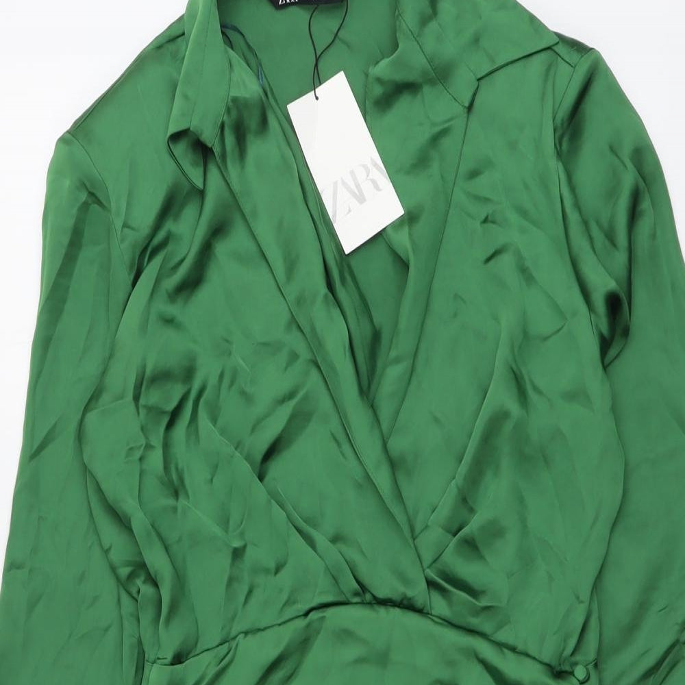 Zara Womens Green Polyester Shirt Dress Size M Collared Zip