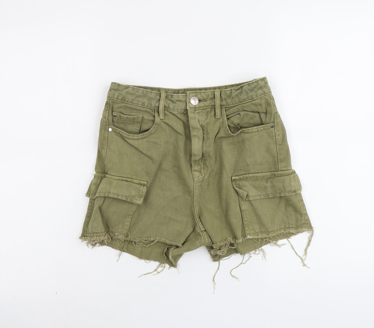 Stradivarius Womens Green Cotton Cargo Shorts Size 8 L3 in Regular Button