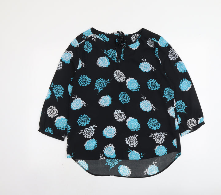 Debenhams Womens Black Floral Polyester Basic Blouse Size 12 Round Neck