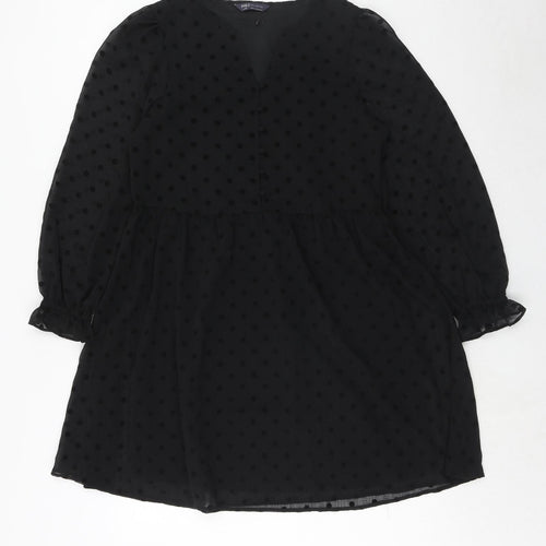 Marks and Spencer Womens Black Polka Dot Polyester A-Line Size 10 Round Neck Button
