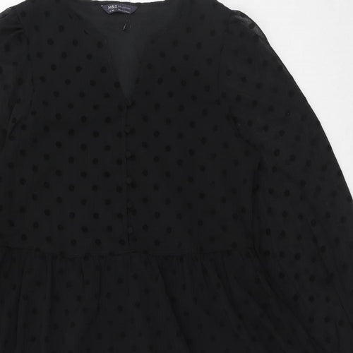 Marks and Spencer Womens Black Polka Dot Polyester A-Line Size 10 Round Neck Button