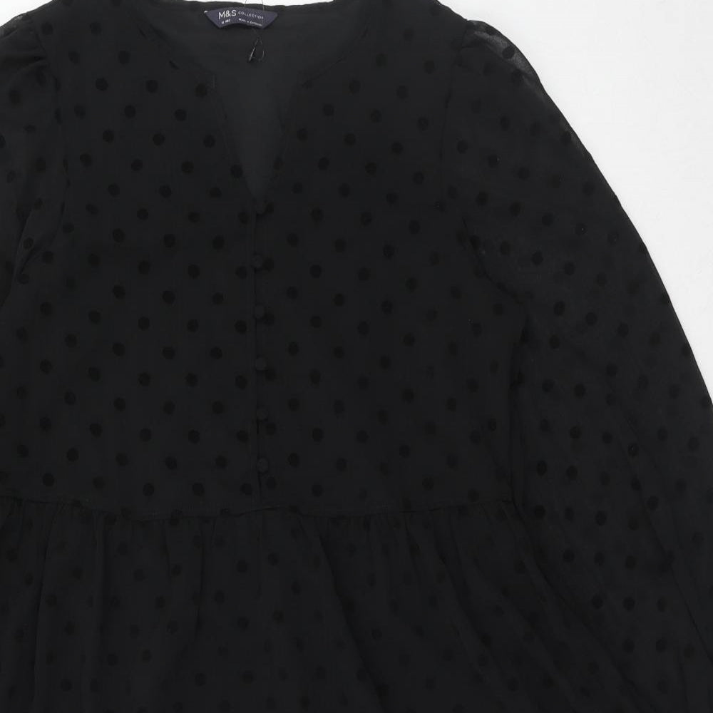 Marks and Spencer Womens Black Polka Dot Polyester A-Line Size 10 Round Neck Button