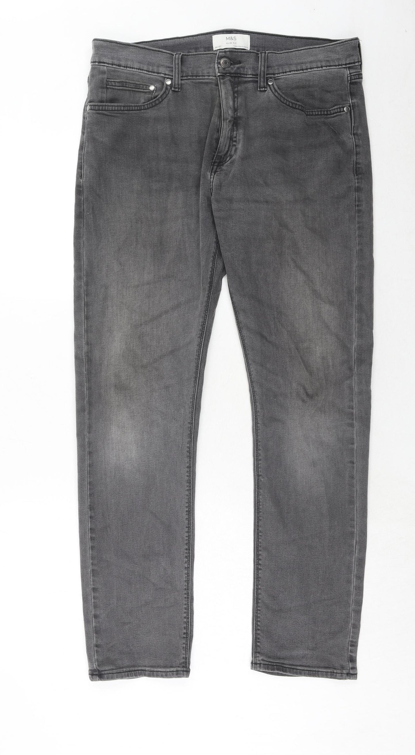Marks and Spencer Mens Grey Cotton Straight Jeans Size 34 in L31 in Slim Button