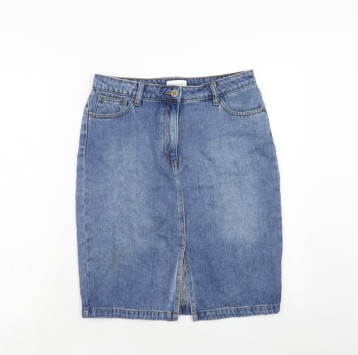 Warehouse Womens Blue Cotton A-Line Skirt Size 12 Button
