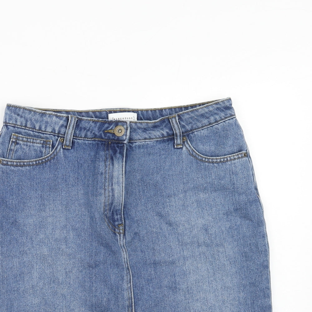 Warehouse Womens Blue Cotton A-Line Skirt Size 12 Button