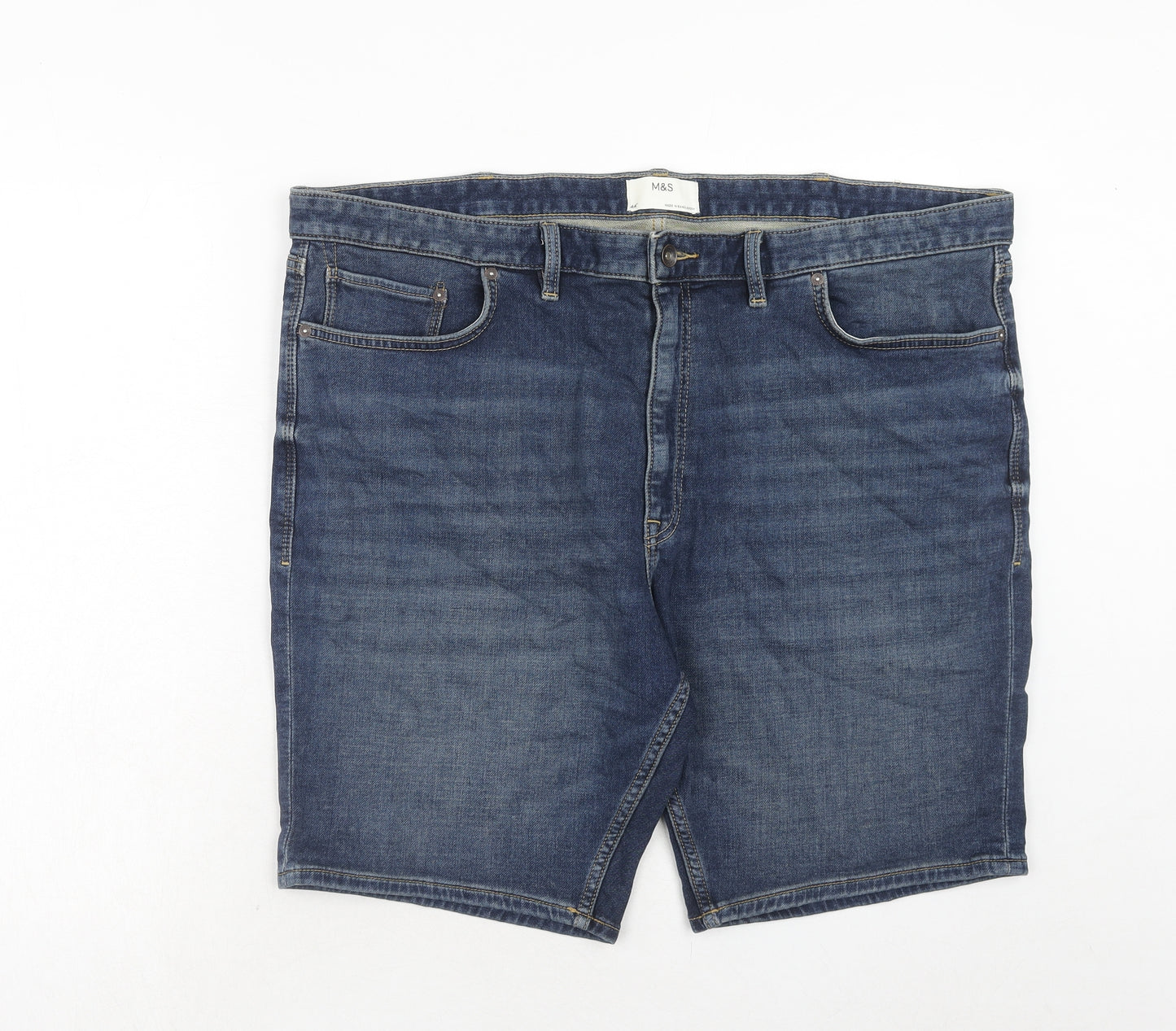 Marks and Spencer Mens Blue Cotton Chino Shorts Size 44 in Regular Zip
