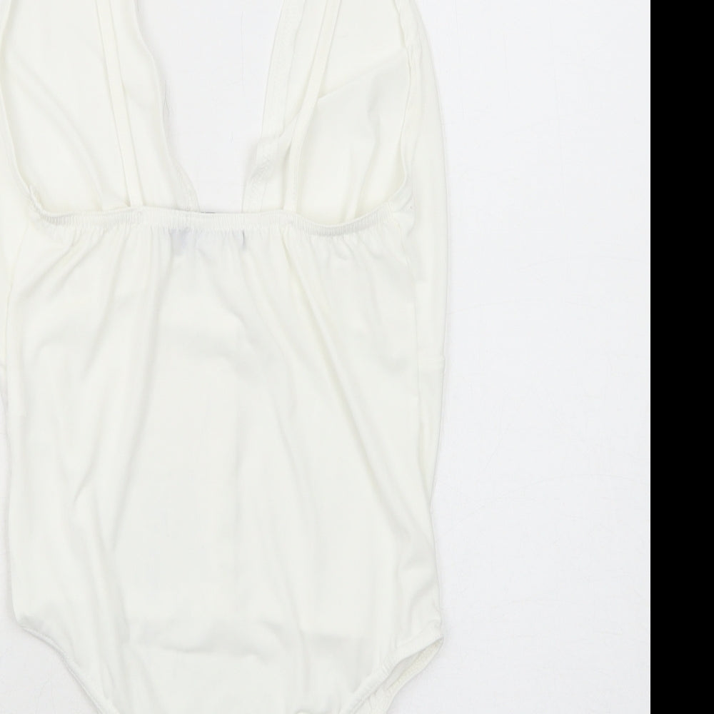 PRETTYLITTLETHING Womens White Polyester Bodysuit One-Piece Size 10 Snap
