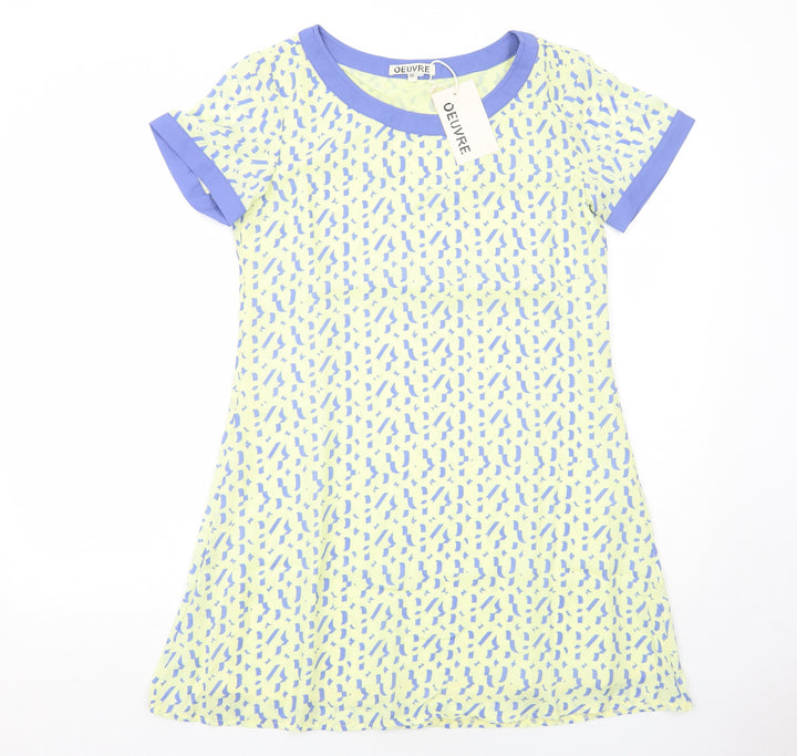 Oeuvre Womens Yellow Geometric Polyester Shift Size 10 Round Neck Pullover