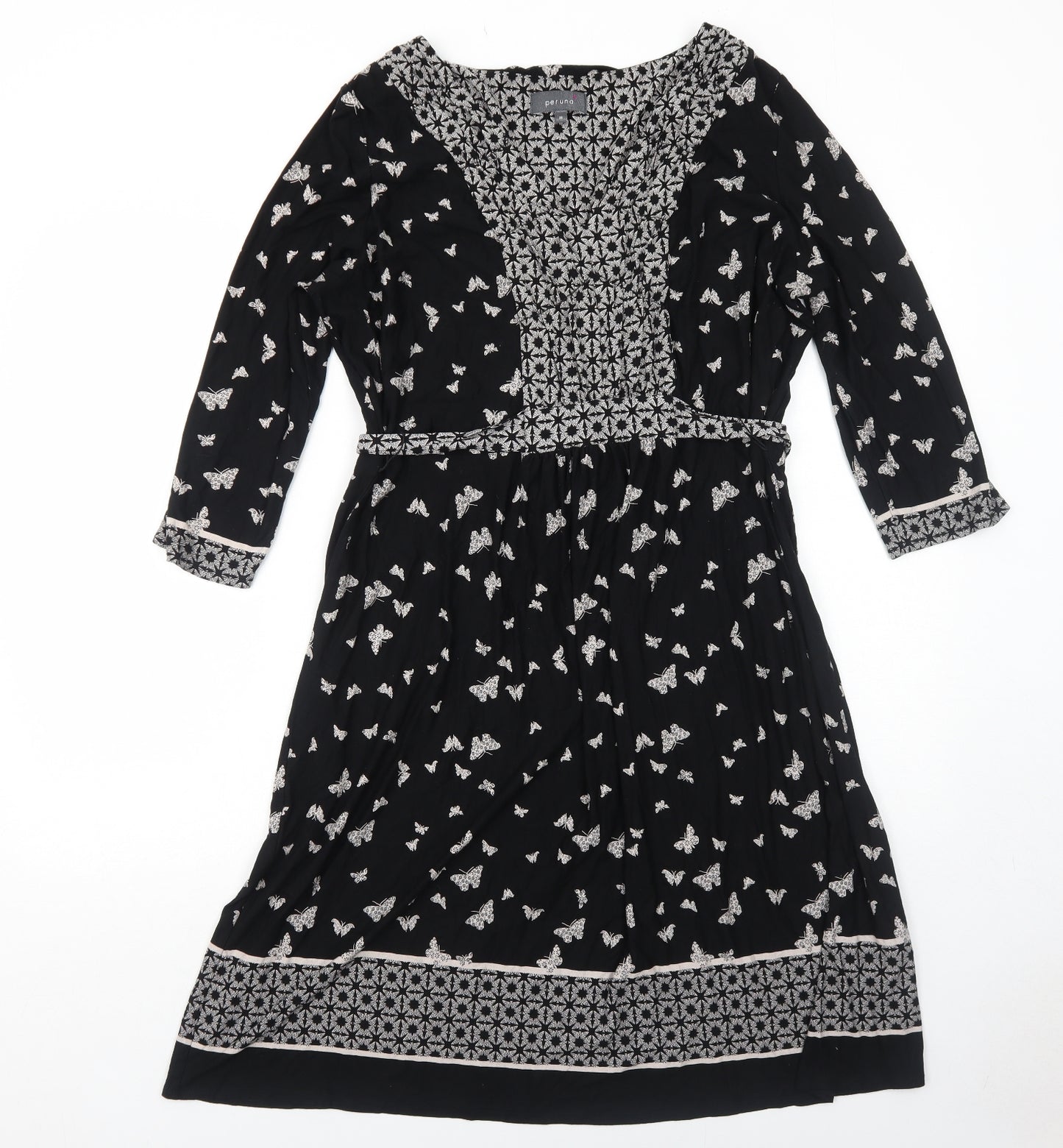 Per Una Womens Black Geometric Viscose Skater Dress Size 18 V-Neck Pullover - Butterfly Pattern