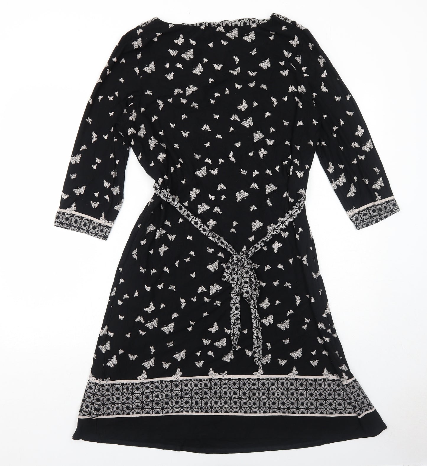 Per Una Womens Black Geometric Viscose Skater Dress Size 18 V-Neck Pullover - Butterfly Pattern