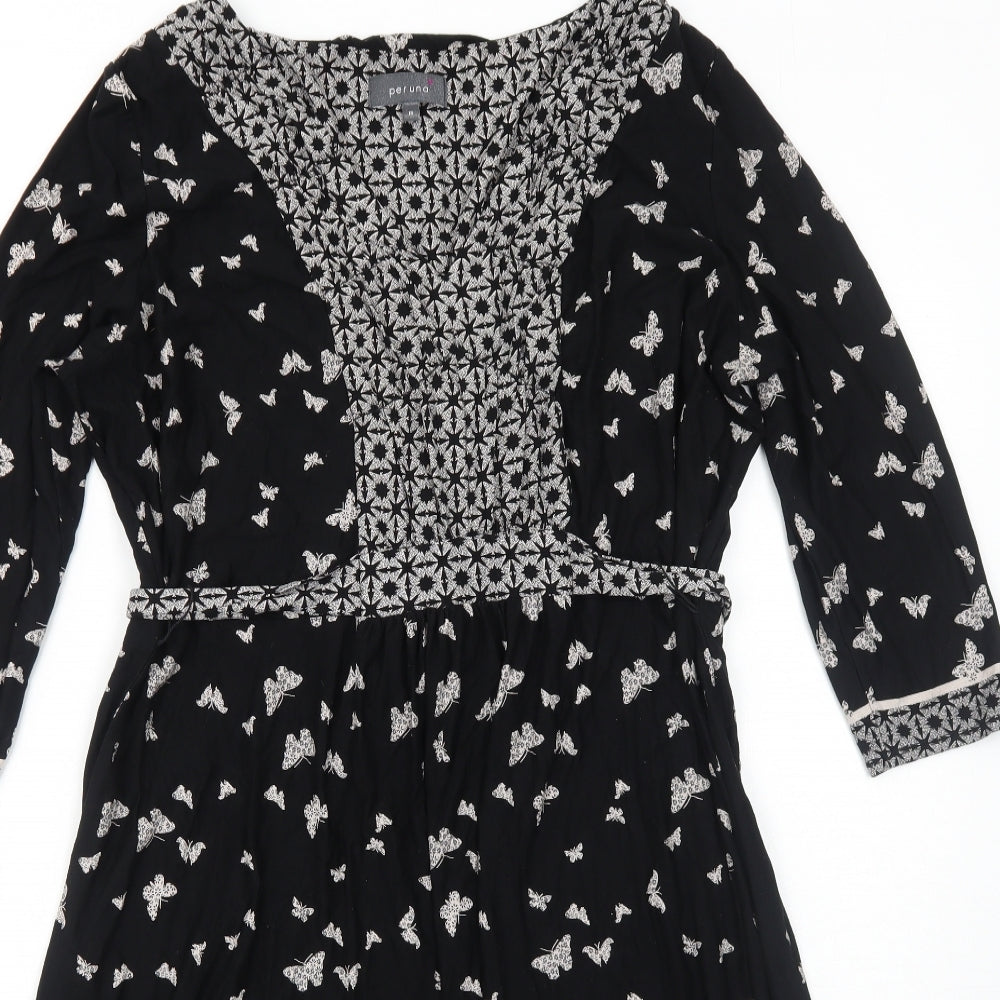 Per Una Womens Black Geometric Viscose Skater Dress Size 18 V-Neck Pullover - Butterfly Pattern