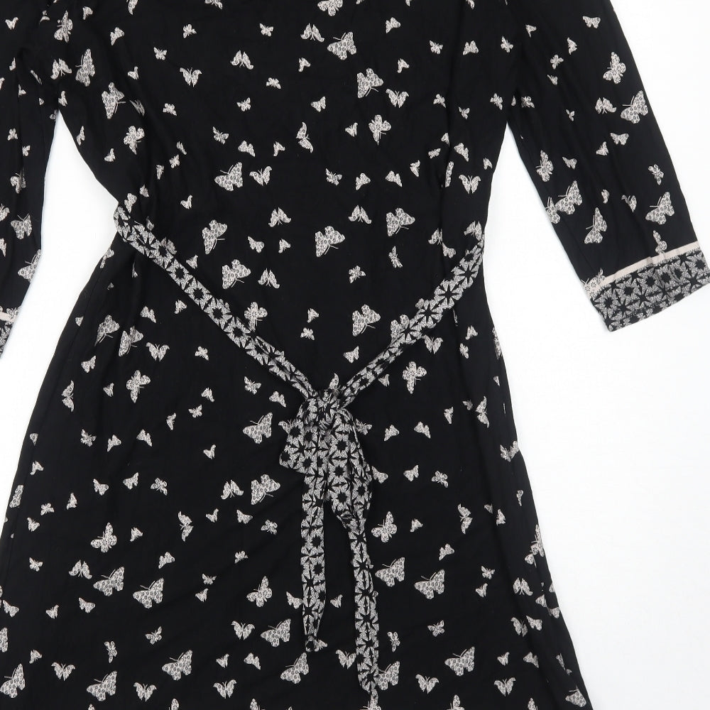 Per Una Womens Black Geometric Viscose Skater Dress Size 18 V-Neck Pullover - Butterfly Pattern