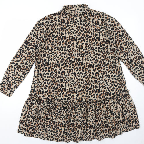 ASOS Womens Brown Animal Print Polyester Skater Dress Size 8 Round Neck Button - Leopard Pattern