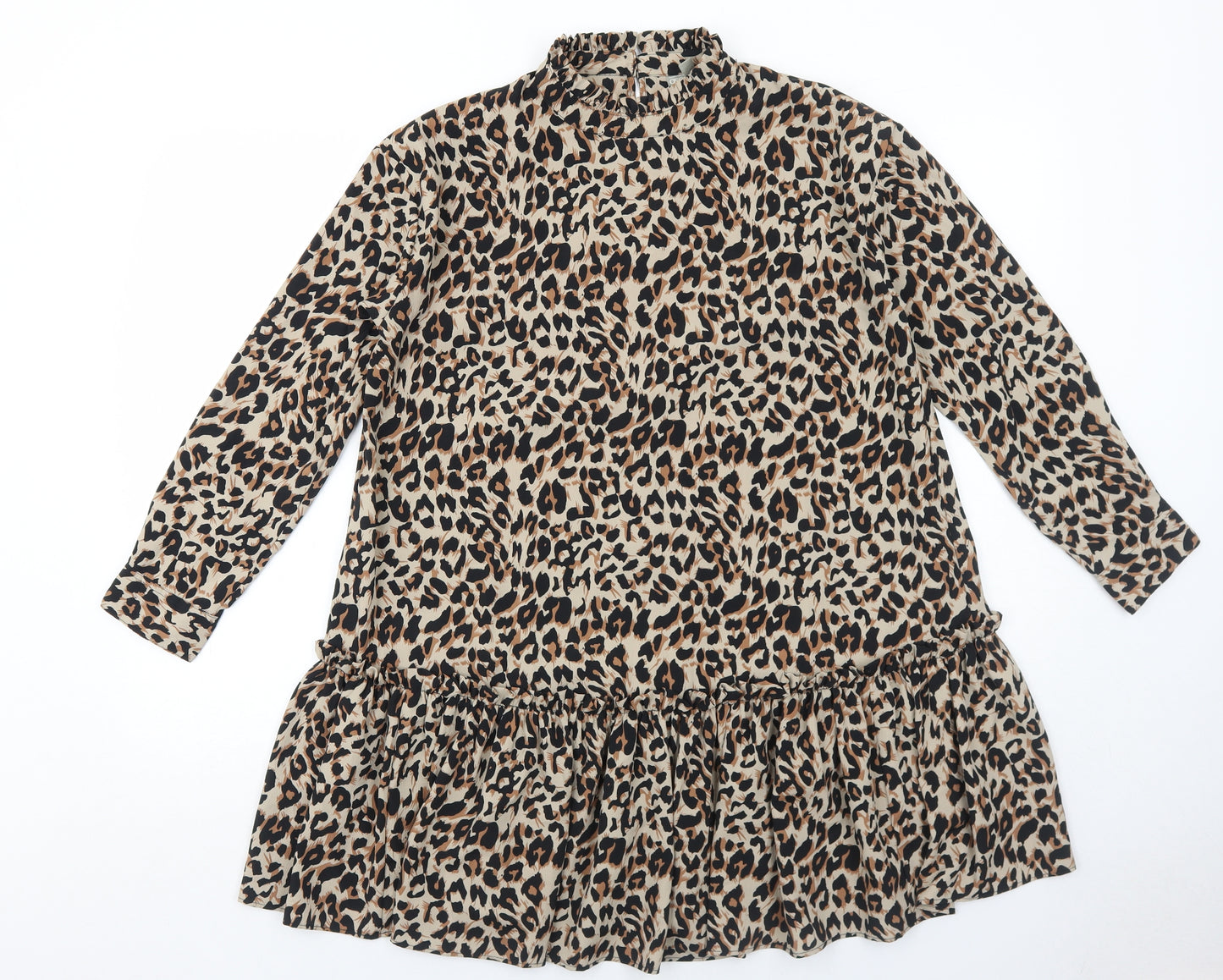 ASOS Womens Brown Animal Print Polyester Skater Dress Size 8 Round Neck Button - Leopard Pattern