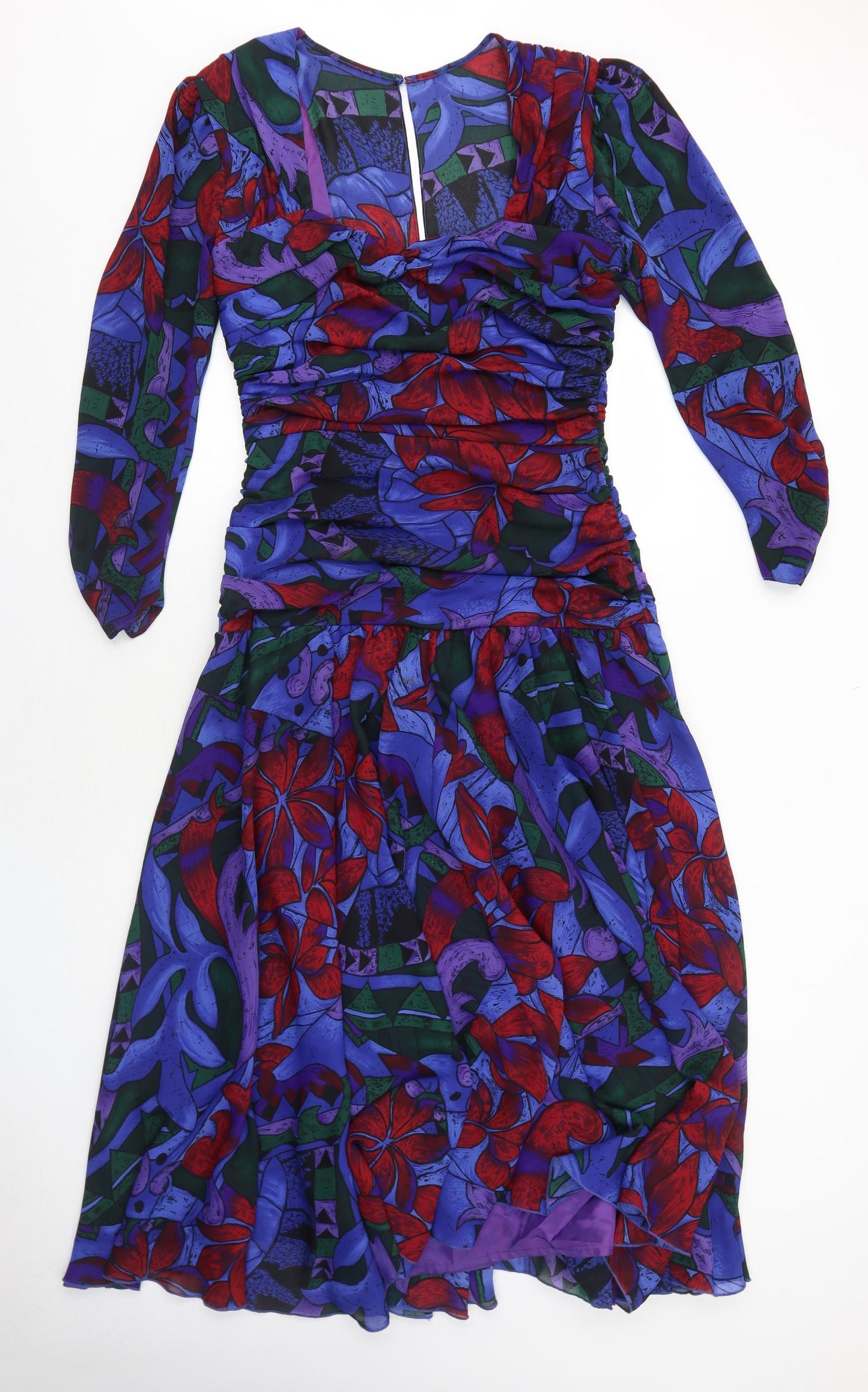 Frank Usher Womens Blue Floral Polyester Trapeze & Swing Size 14 Round Neck Zip