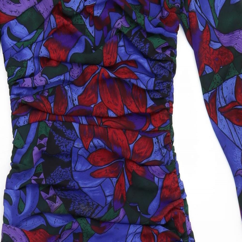 Frank Usher Womens Blue Floral Polyester Trapeze & Swing Size 14 Round Neck Zip