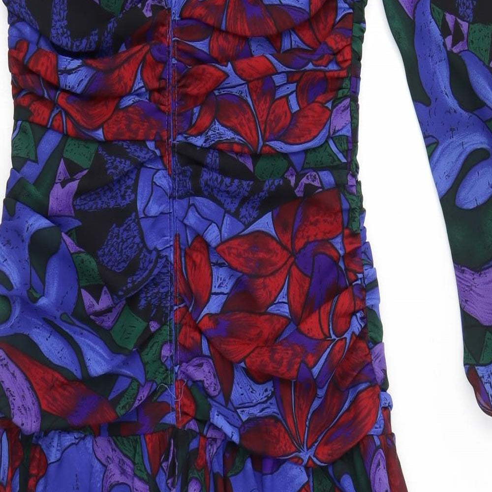 Frank Usher Womens Blue Floral Polyester Trapeze & Swing Size 14 Round Neck Zip