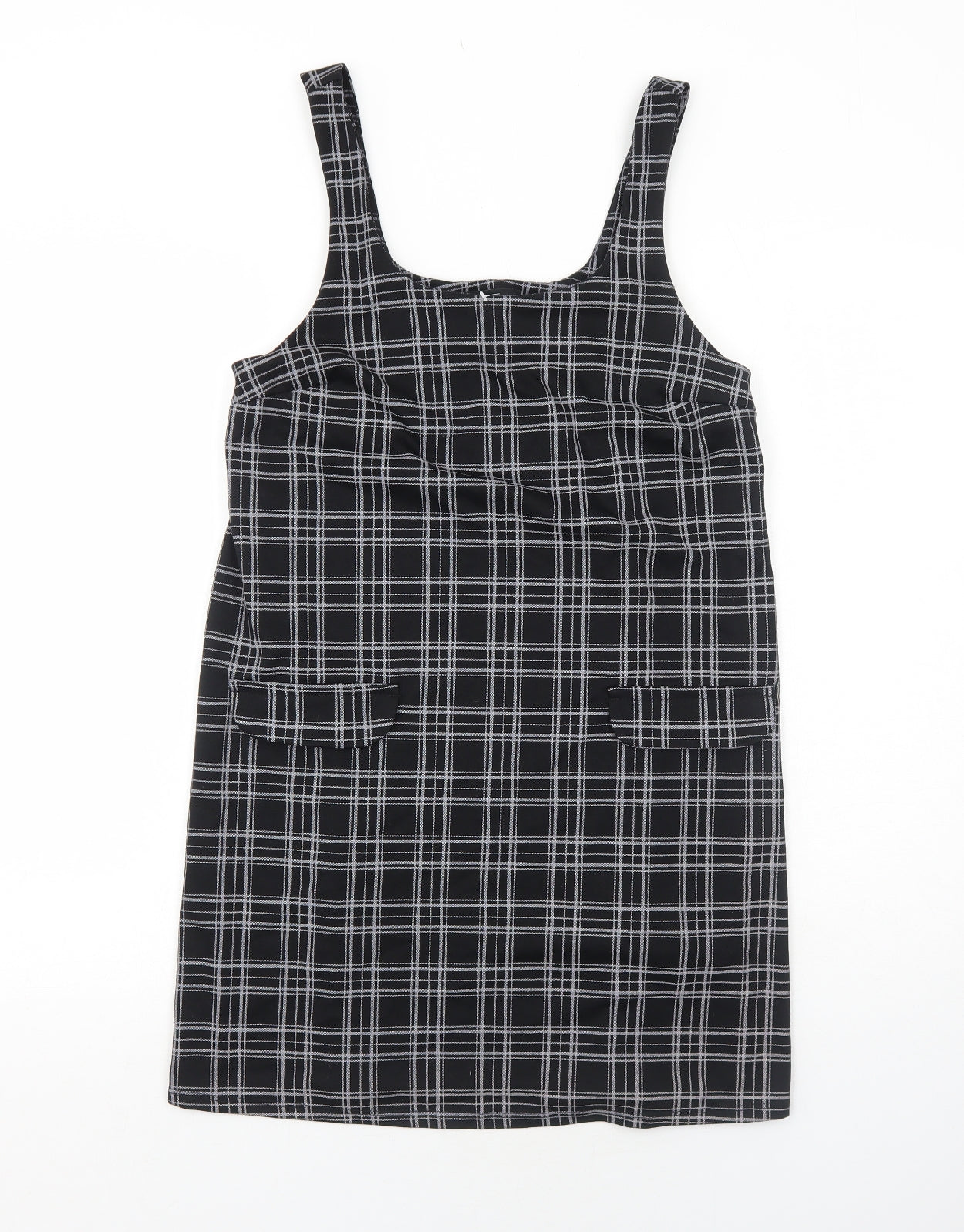 New Look Womens Black Plaid Polyester Pinafore/Dungaree Dress Size 8 Square Neck Pullover