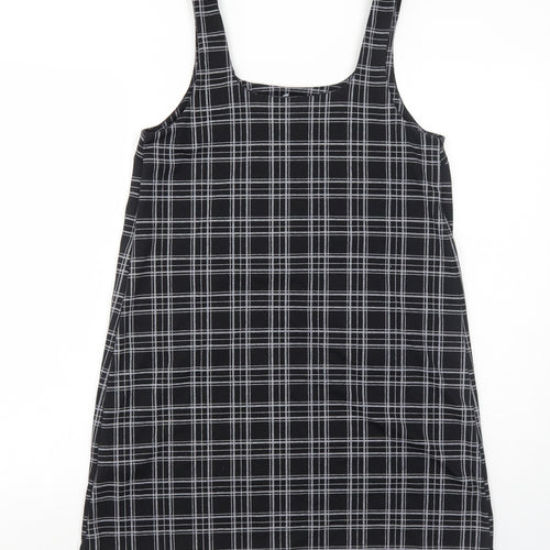 New Look Womens Black Plaid Polyester Pinafore/Dungaree Dress Size 8 Square Neck Pullover