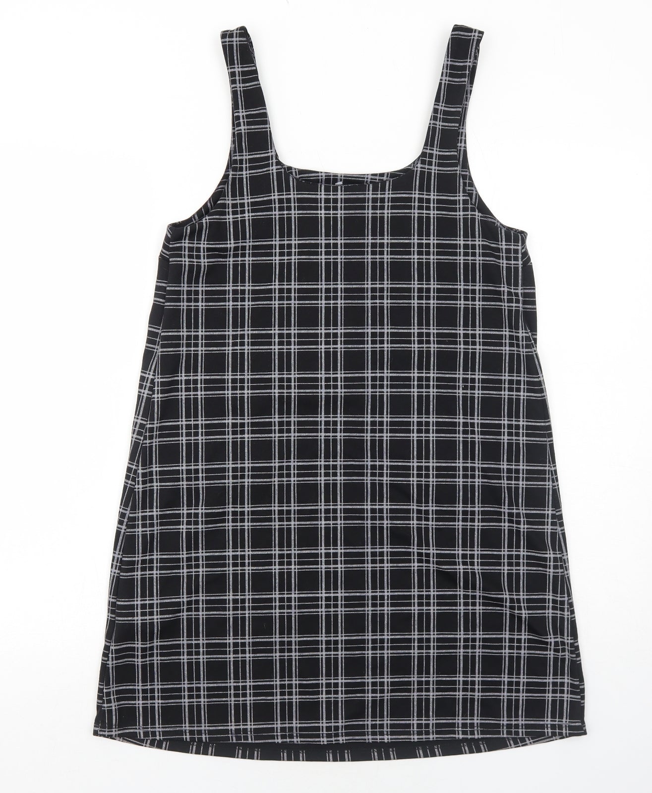 New Look Womens Black Plaid Polyester Pinafore/Dungaree Dress Size 8 Square Neck Pullover