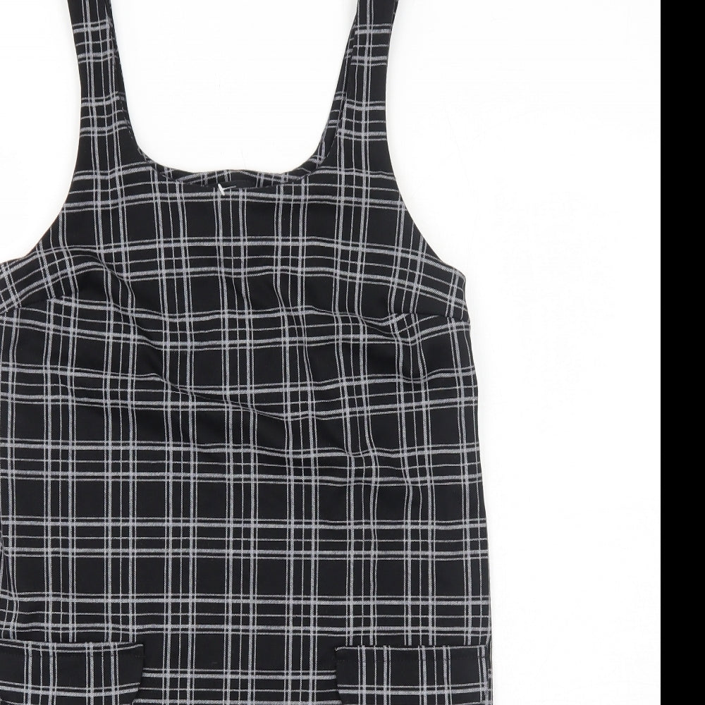 New Look Womens Black Plaid Polyester Pinafore/Dungaree Dress Size 8 Square Neck Pullover