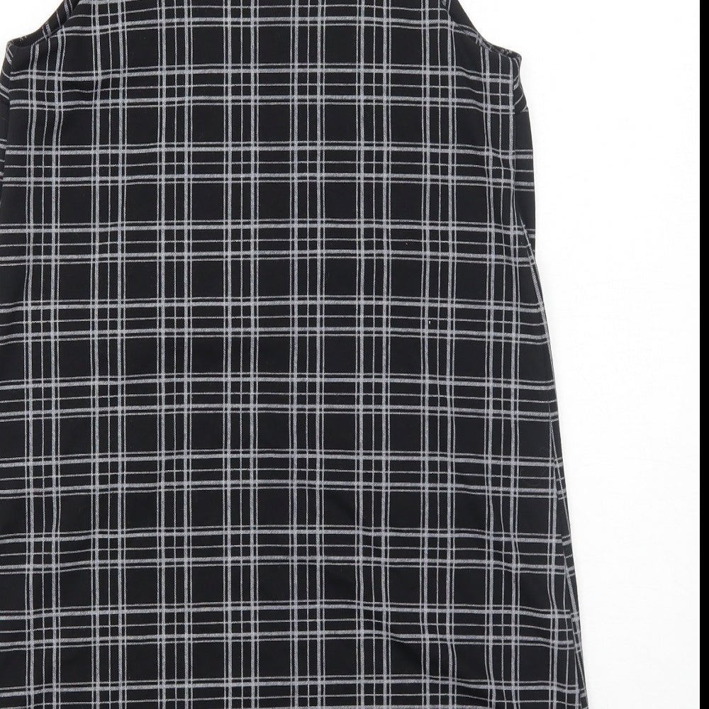 New Look Womens Black Plaid Polyester Pinafore/Dungaree Dress Size 8 Square Neck Pullover