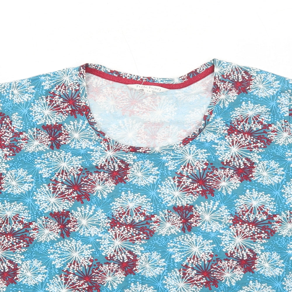 Tulchan Womens Blue Geometric Viscose Basic T-Shirt Size 14 Round Neck
