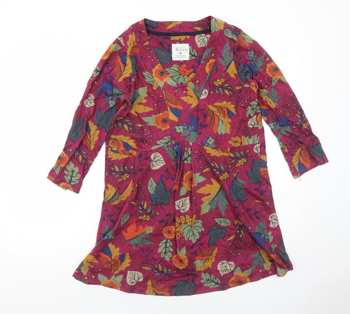EWM Womens Red Geometric Cotton Trapeze & Swing Size S Round Neck Pullover - Leaf Pattern