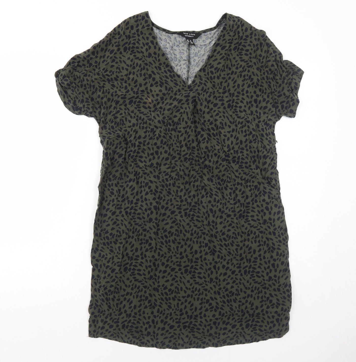 New Look Womens Green Animal Print Viscose A-Line Size 8 V-Neck Pullover - Cheetah Pattern