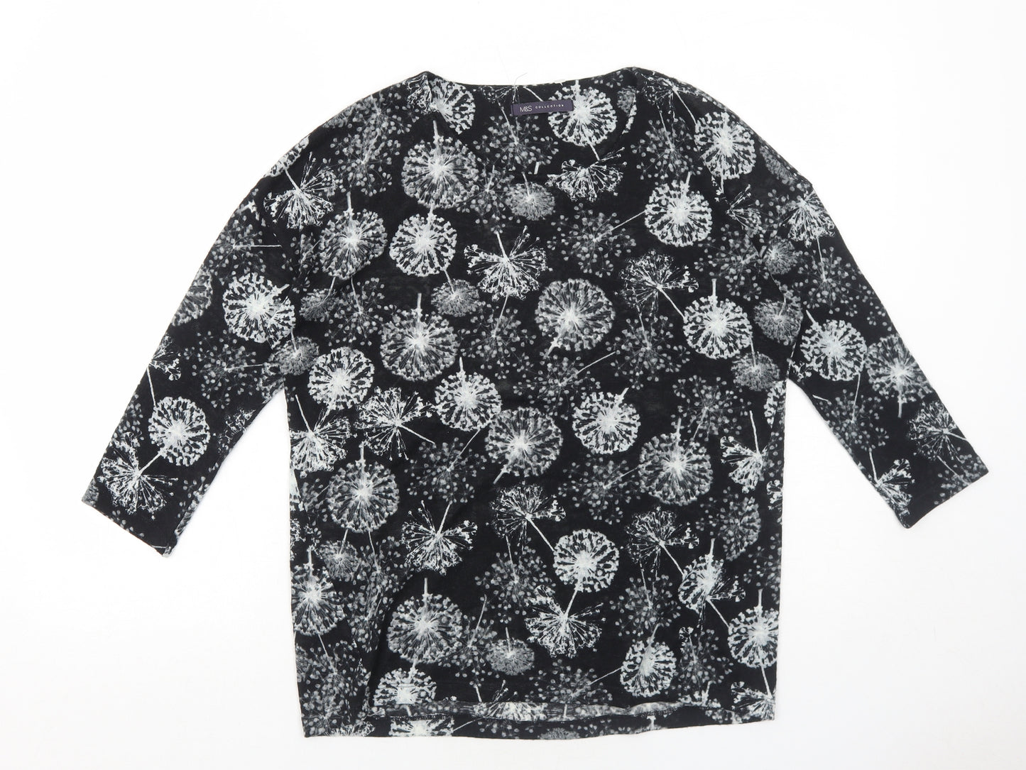 Marks and Spencer Womens Black Geometric Polyester Basic Blouse Size 12 Round Neck - Dandelions Print