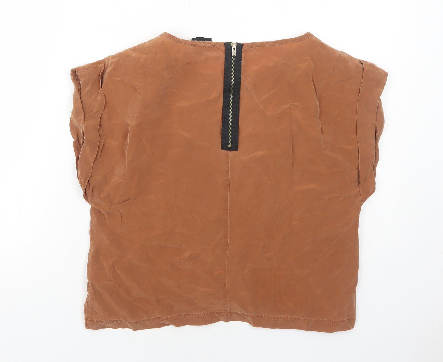 Topshop Womens Brown Cupro Basic Blouse Size 8 Round Neck