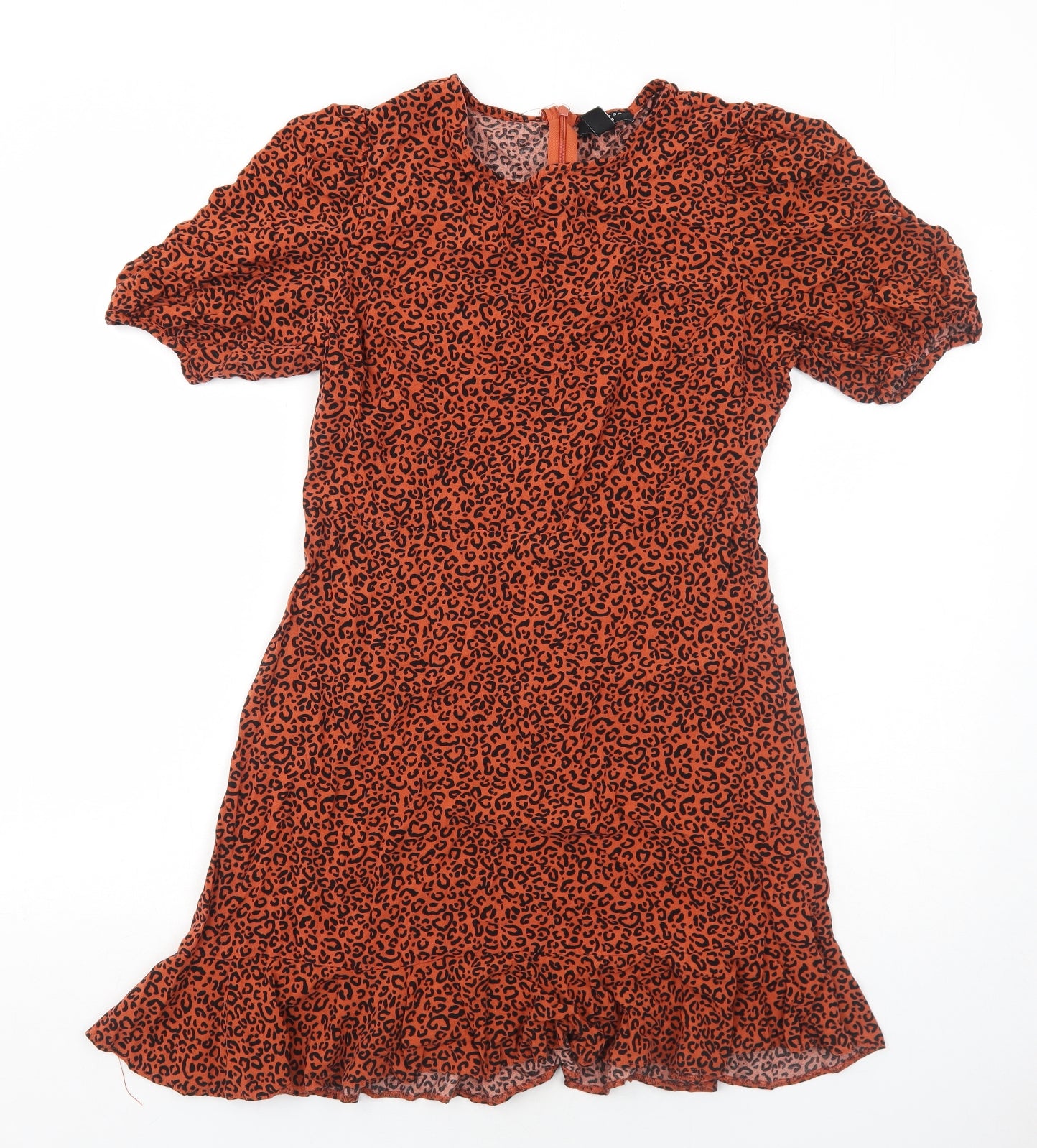 New Look Womens Orange Animal Print Viscose Shirt Dress Size 12 Round Neck Zip - Leopard Pattern