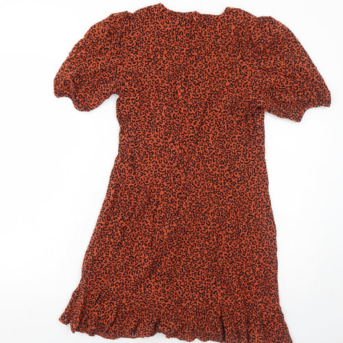 New Look Womens Orange Animal Print Viscose Shirt Dress Size 12 Round Neck Zip - Leopard Pattern