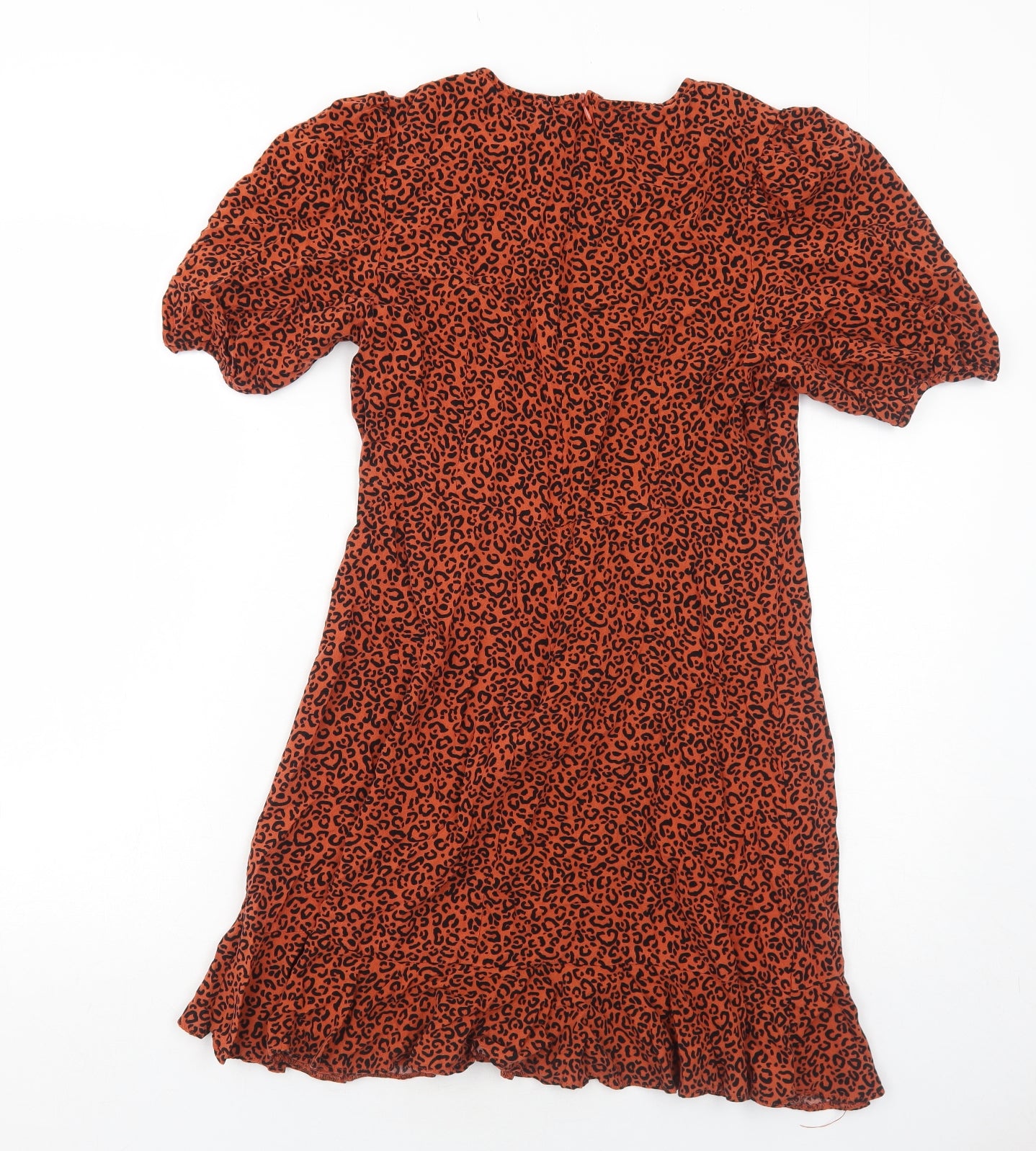 New Look Womens Orange Animal Print Viscose Shirt Dress Size 12 Round Neck Zip - Leopard Pattern