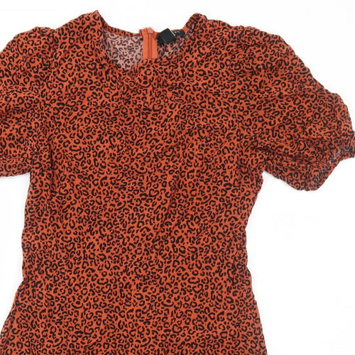 New Look Womens Orange Animal Print Viscose Shirt Dress Size 12 Round Neck Zip - Leopard Pattern