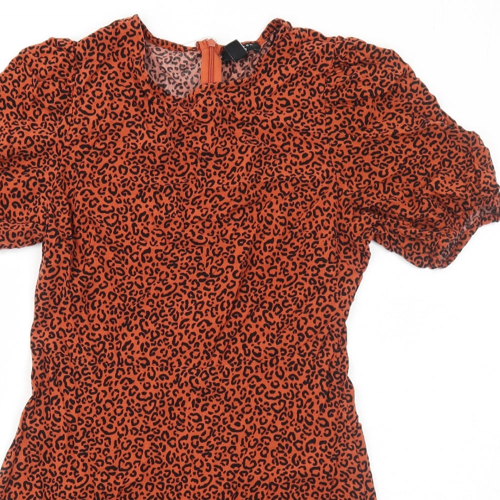 New Look Womens Orange Animal Print Viscose Shirt Dress Size 12 Round Neck Zip - Leopard Pattern