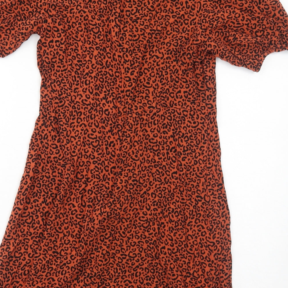 New Look Womens Orange Animal Print Viscose Shirt Dress Size 12 Round Neck Zip - Leopard Pattern