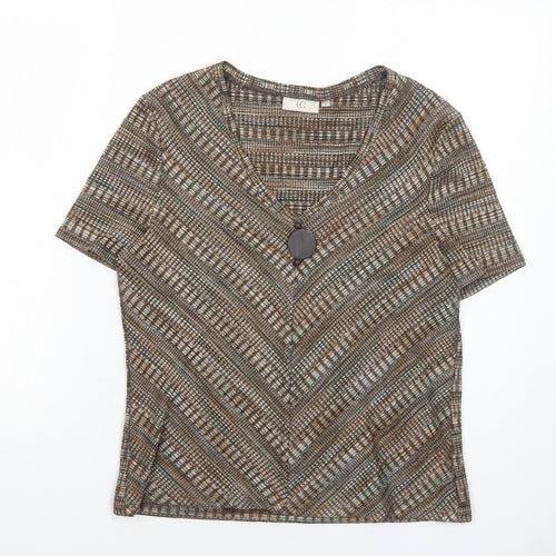 CC Womens Brown Geometric Polyester Basic T-Shirt Size L V-Neck