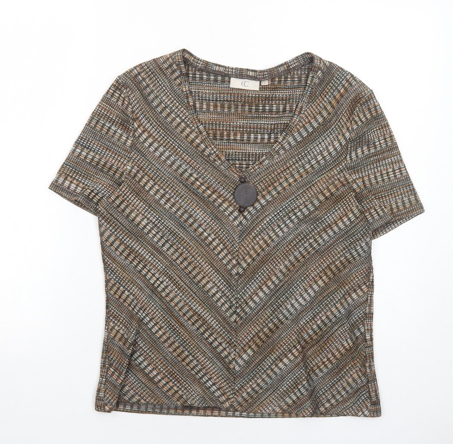 CC Womens Brown Geometric Polyester Basic T-Shirt Size L V-Neck
