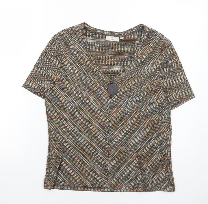 CC Womens Brown Geometric Polyester Basic T-Shirt Size L V-Neck