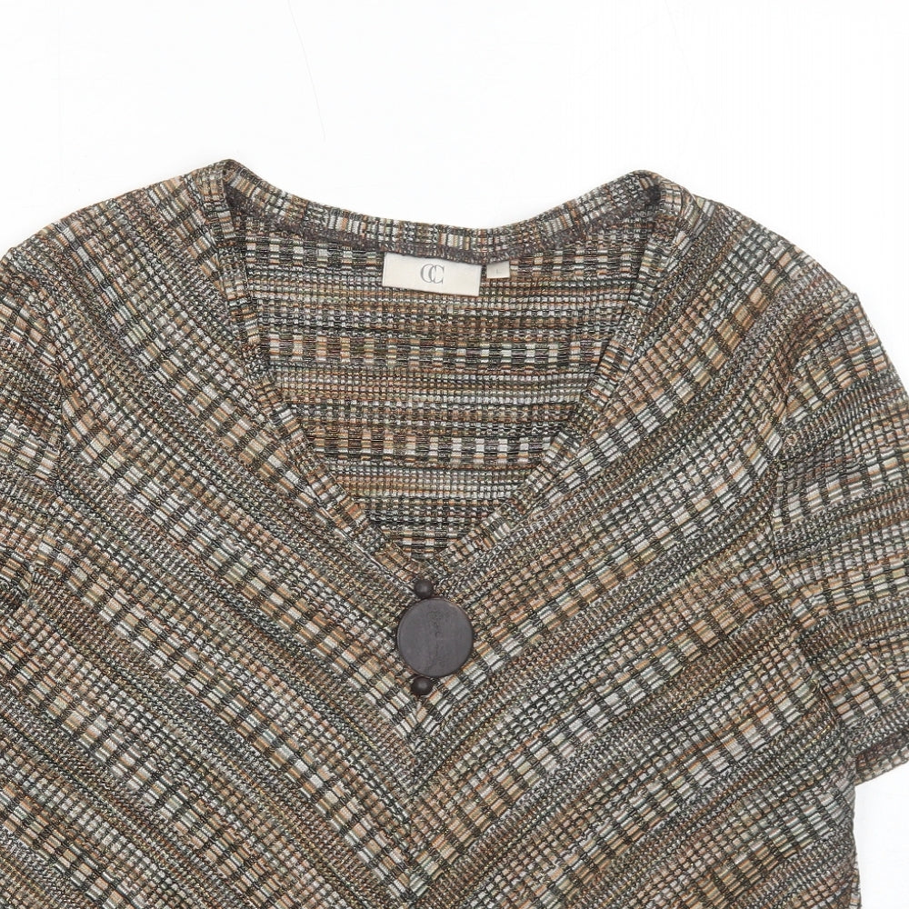 CC Womens Brown Geometric Polyester Basic T-Shirt Size L V-Neck