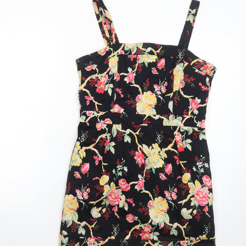 Union Boutique Womens Black Floral Cotton A-Line Size 14 Square Neck Zip