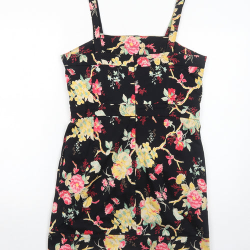 Union Boutique Womens Black Floral Cotton A-Line Size 14 Square Neck Zip