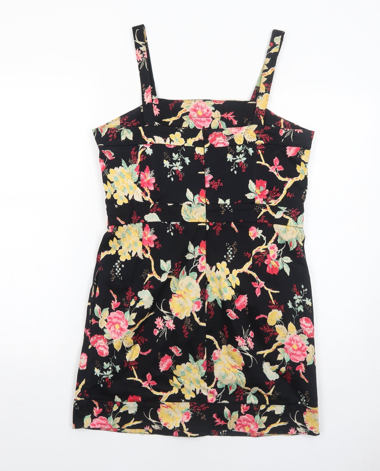 Union Boutique Womens Black Floral Cotton A-Line Size 14 Square Neck Zip