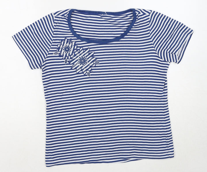 Bonmarché Womens Blue Striped Polyester Basic T-Shirt Size S Round Neck