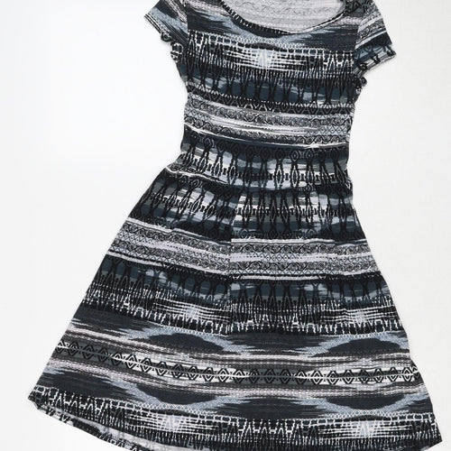 New Look Womens Black Geometric Viscose Skater Dress Size 12 Round Neck Pullover