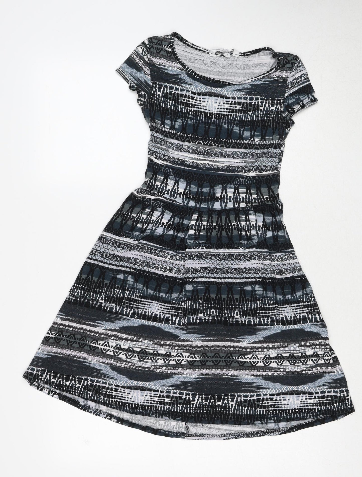 New Look Womens Black Geometric Viscose Skater Dress Size 12 Round Neck Pullover