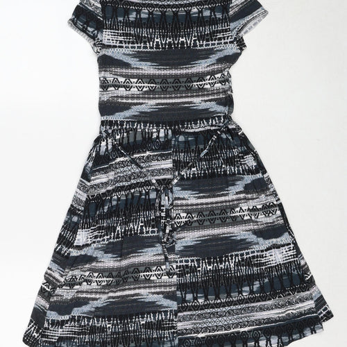 New Look Womens Black Geometric Viscose Skater Dress Size 12 Round Neck Pullover
