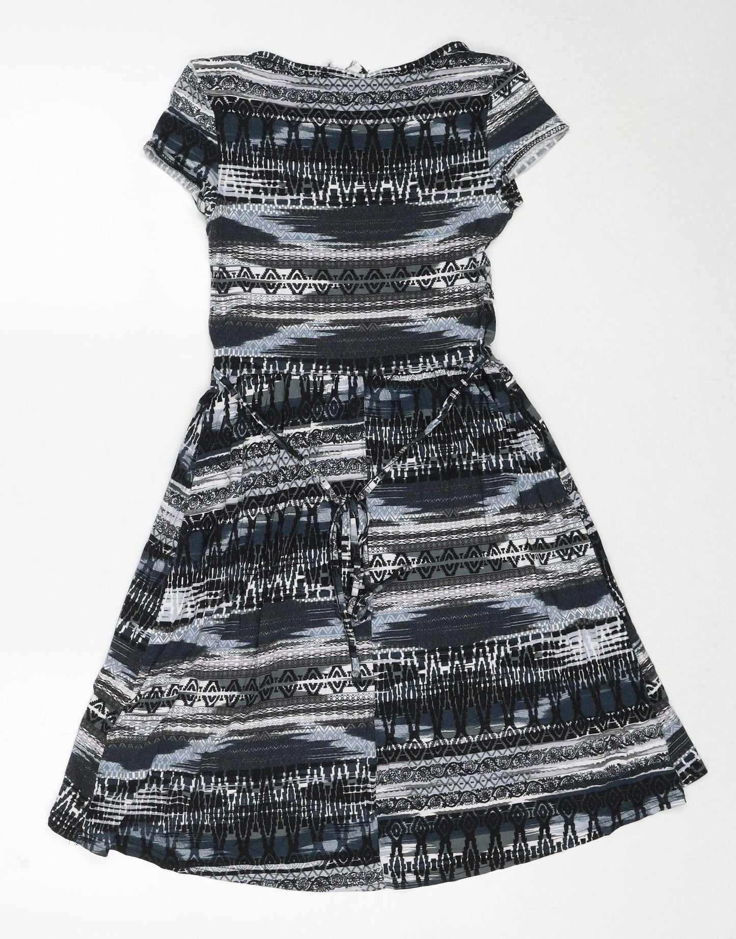 New Look Womens Black Geometric Viscose Skater Dress Size 12 Round Neck Pullover