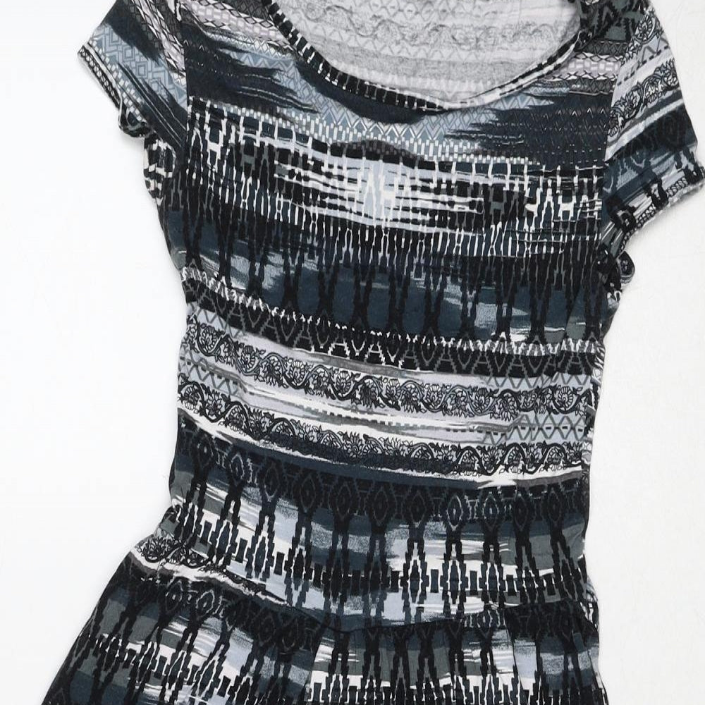 New Look Womens Black Geometric Viscose Skater Dress Size 12 Round Neck Pullover